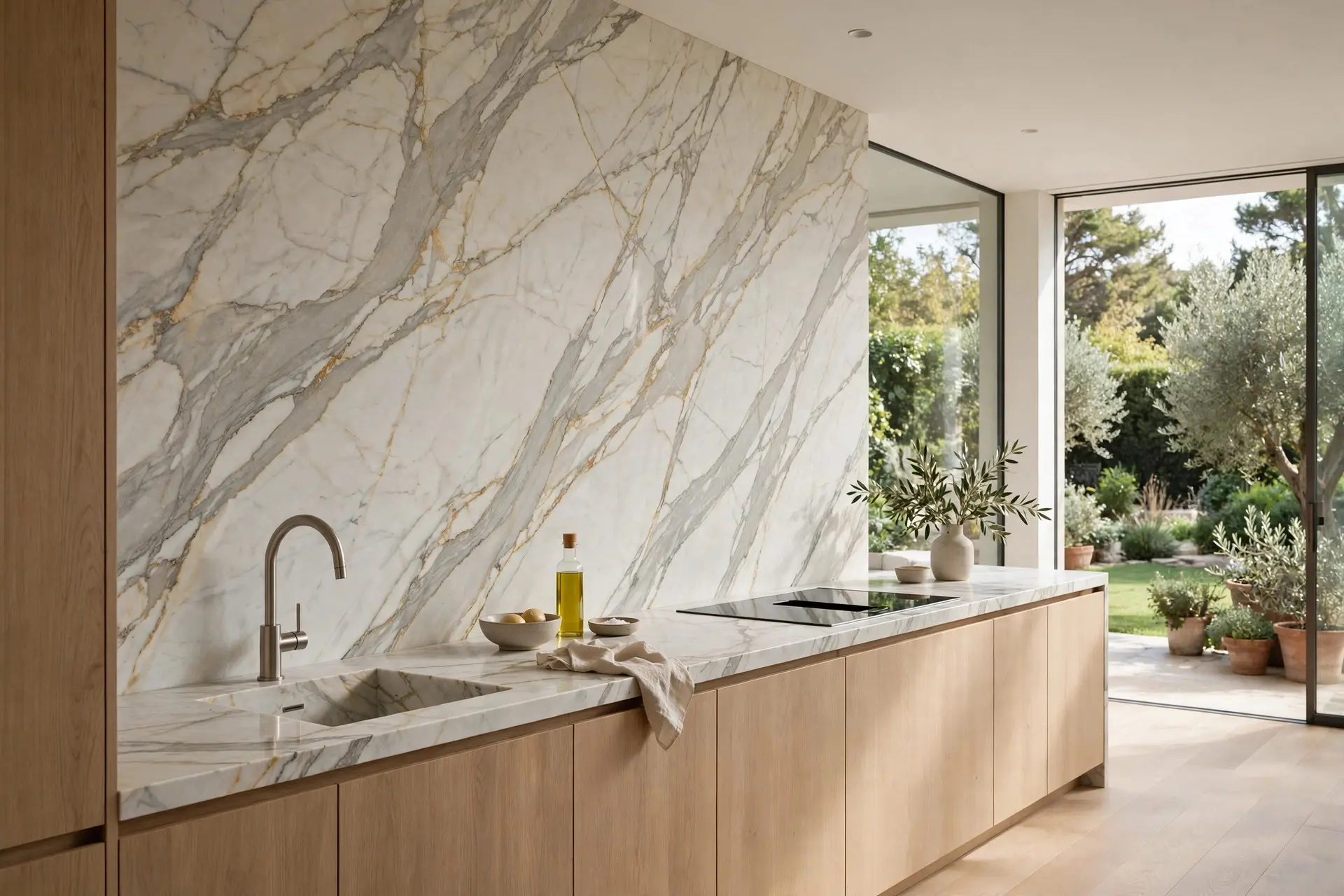 Kitchen Backsplash Ideas: How to Pick One You Will Still Like in Five Years 3 Full slab marble kitchen backsplash continuing seamlessly from the countertop