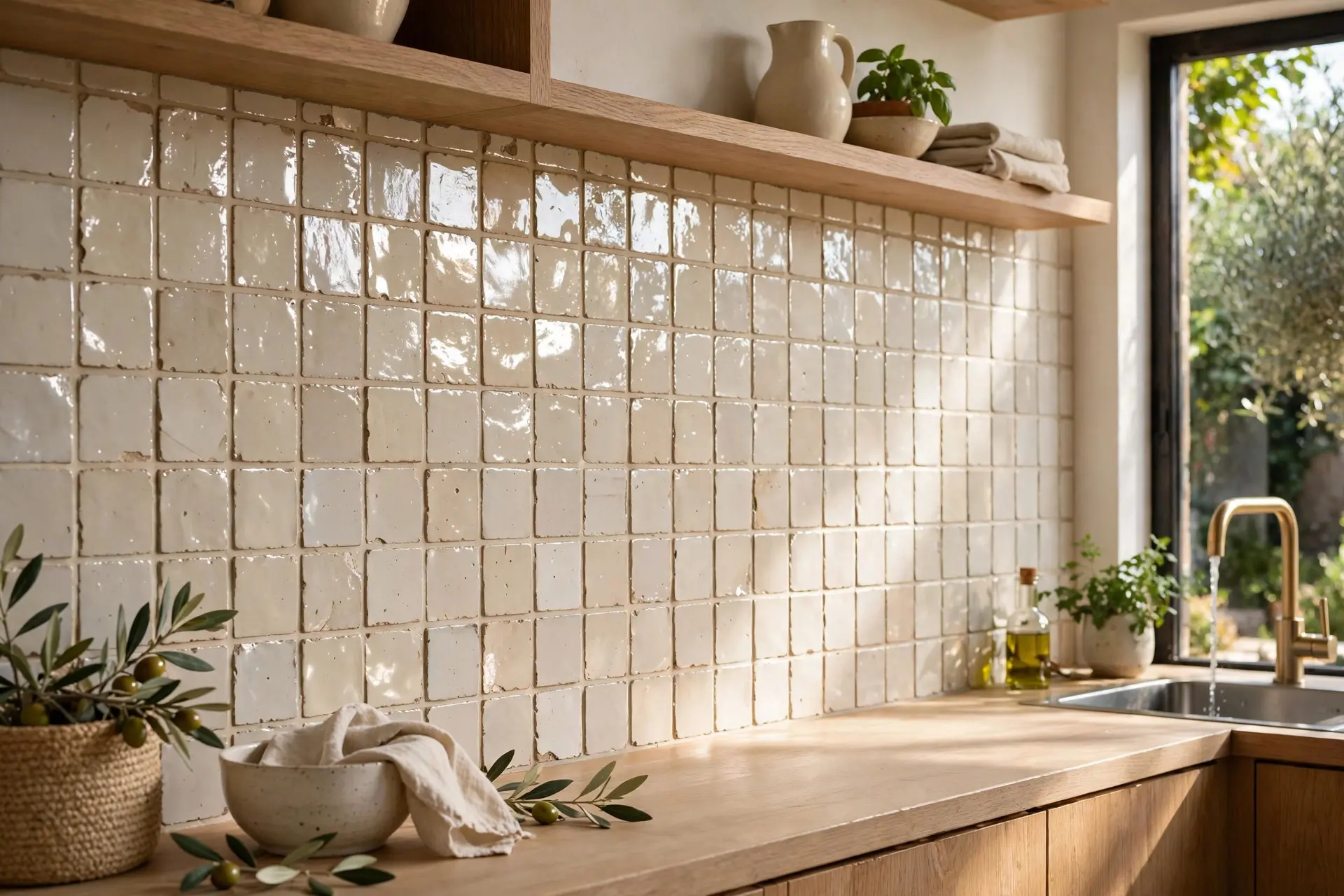 Kitchen Backsplash Ideas: How to Pick One You Will Still Like in Five Years 4 Zellige handmade glazed tile kitchen backsplash catching the light across the wall