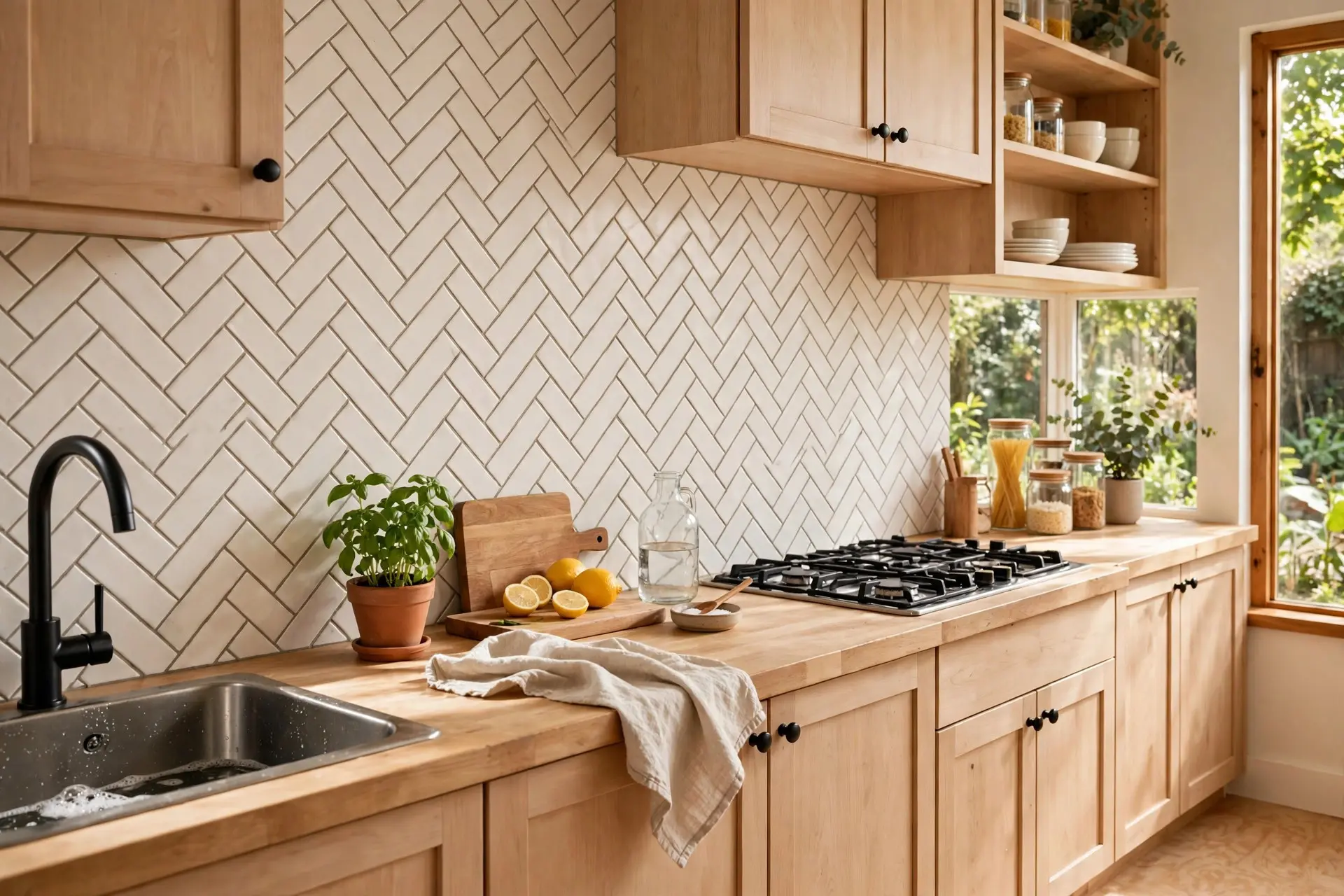 Kitchen Backsplash Ideas: How to Pick One You Will Still Like in Five Years 8 Budget-friendly ceramic subway tile kitchen backsplash laid in a herringbone pattern