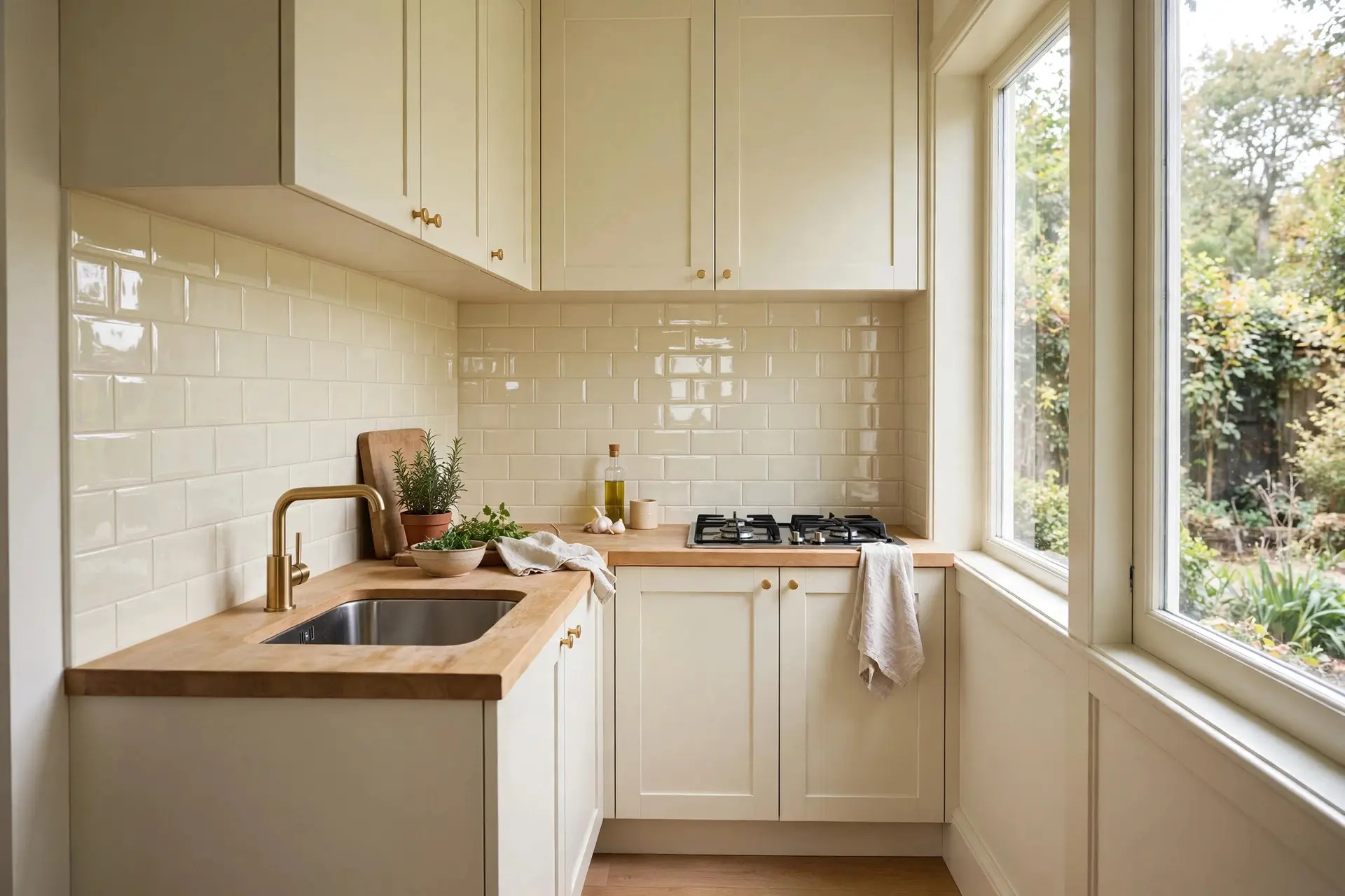 Kitchen Backsplash Ideas: How to Pick One You Will Still Like in Five Years 9 Small kitchen with a light glossy cream kitchen backsplash making the space feel bigger