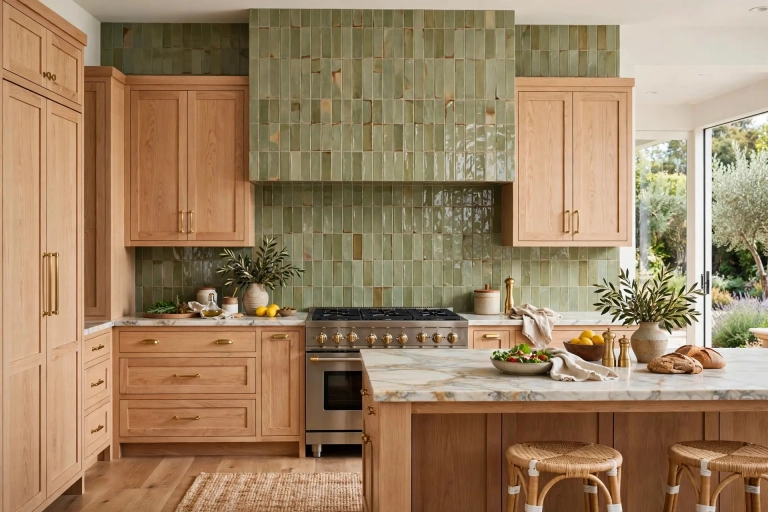 Modern kitchen with a sage green handmade ceramic tile kitchen backsplash