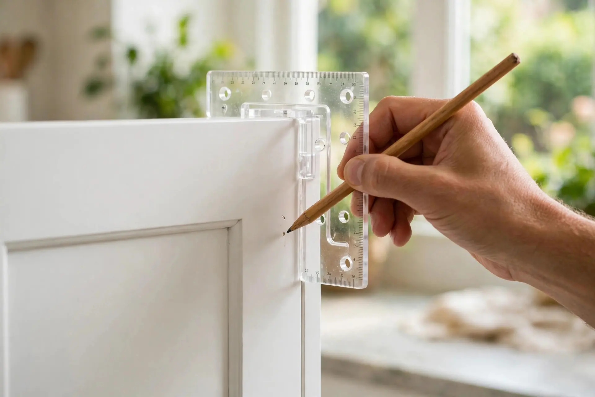 Kitchen Cabinet Hardware: The Sizes and Placement That Look Right 4 Hand marking kitchen cabinet hardware drill position measured from the corner of a cabinet door with a template