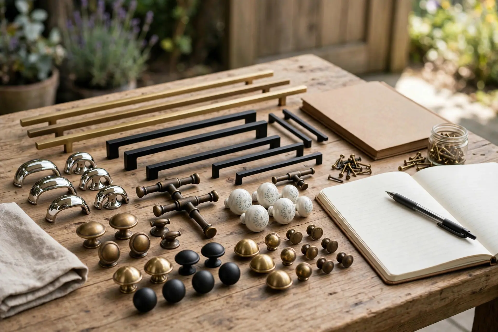 Kitchen Cabinet Hardware: The Sizes and Placement That Look Right 7 Assorted pulls and knobs arranged on a table with a notebook for counting a kitchen cabinet hardware order
