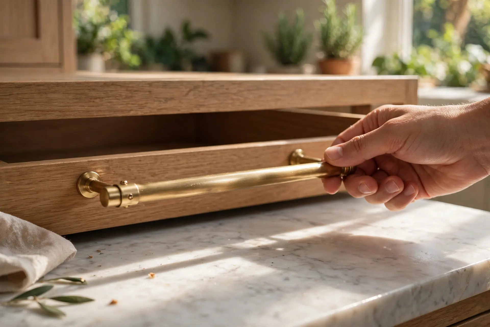 Kitchen Cabinet Hardware: The Sizes and Placement That Look Right 8 Hand opening a wide kitchen drawer by a long centered brass kitchen cabinet hardware pull
