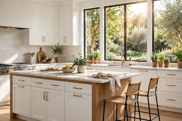 Modern bright kitchen with white shaker cabinets and elegant brass kitchen cabinet hardware