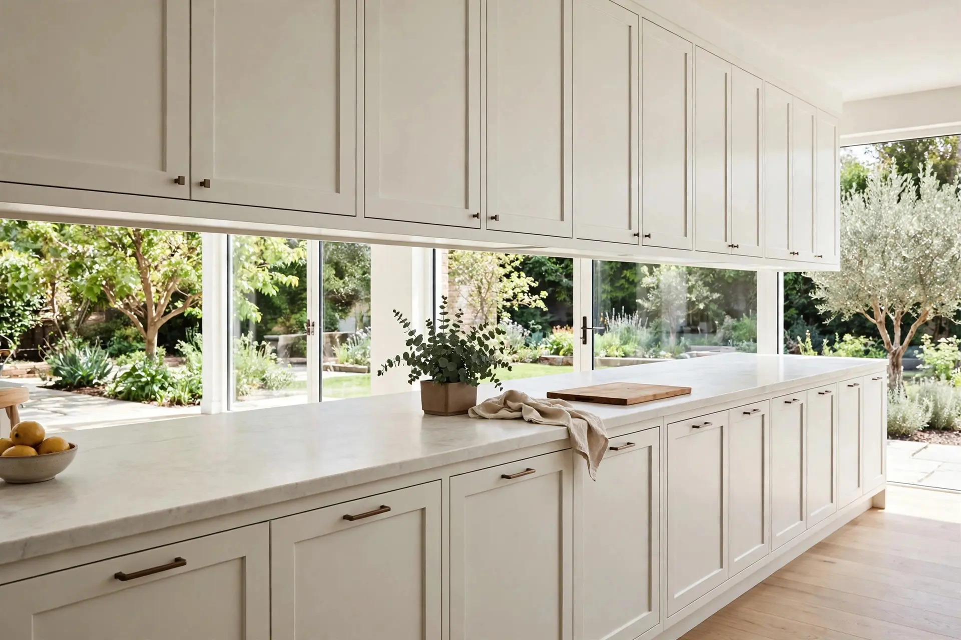 Wide continuous kitchen counter run with plenty of usable countertop frontage