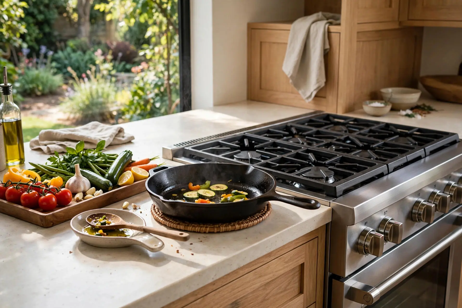 Countertop landing area beside a stove with a hot pan on a trivet, kitchen landing area beside the range