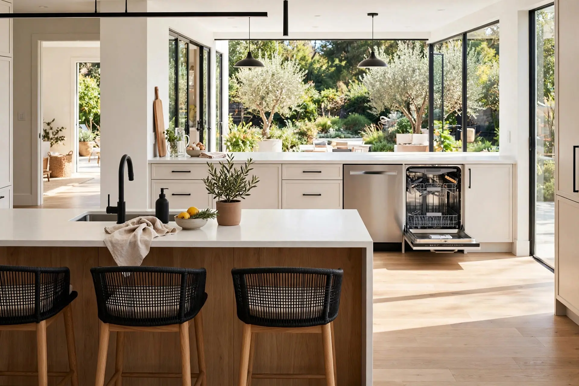Kitchen island with a wide aisle and an open dishwasher door showing clear walkway space, kitchen work aisle width