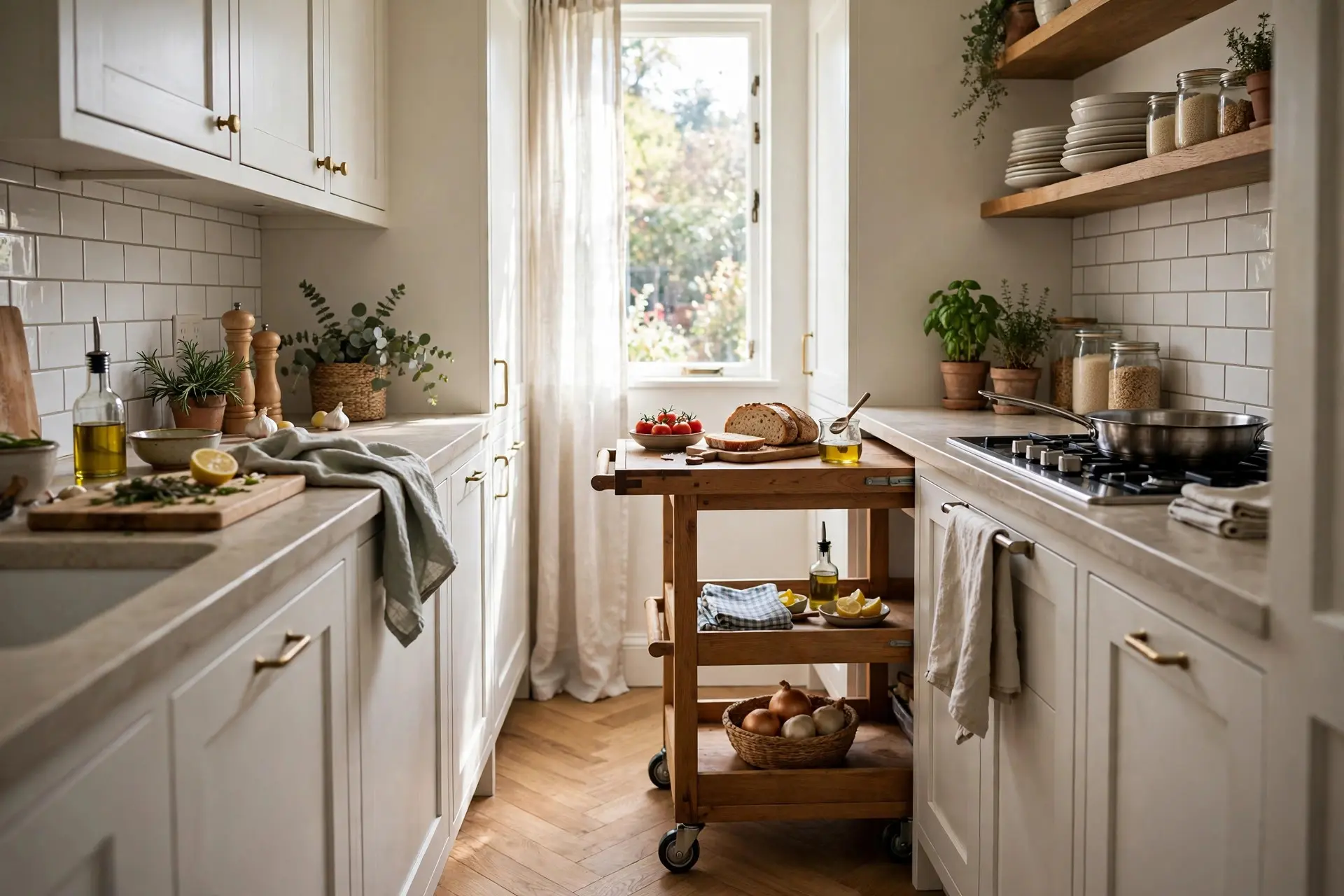 Small galley kitchen with a narrow rolling cart adding extra counter space