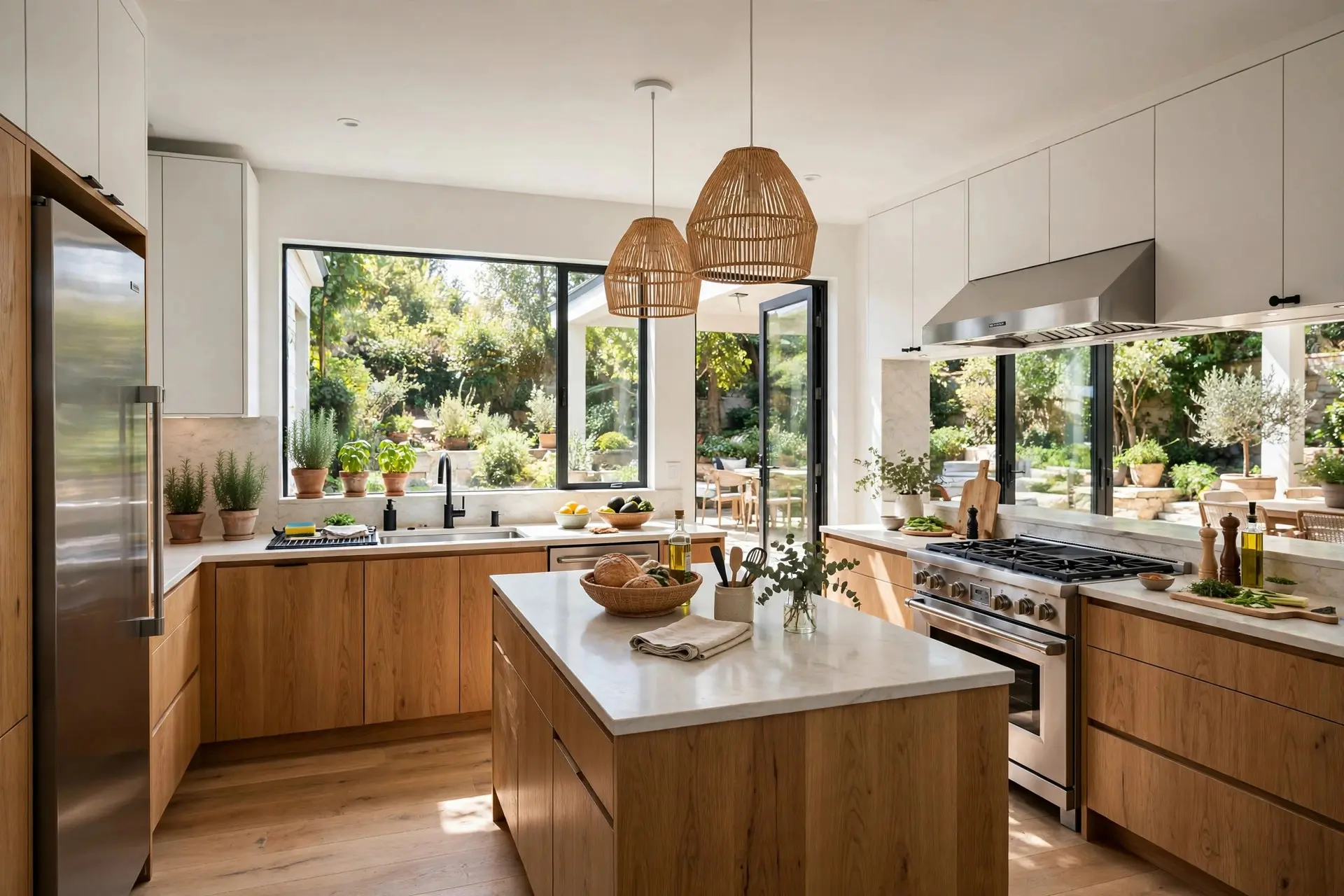 Beautiful functional modern kitchen with generous counter space around sink, range and refrigerator