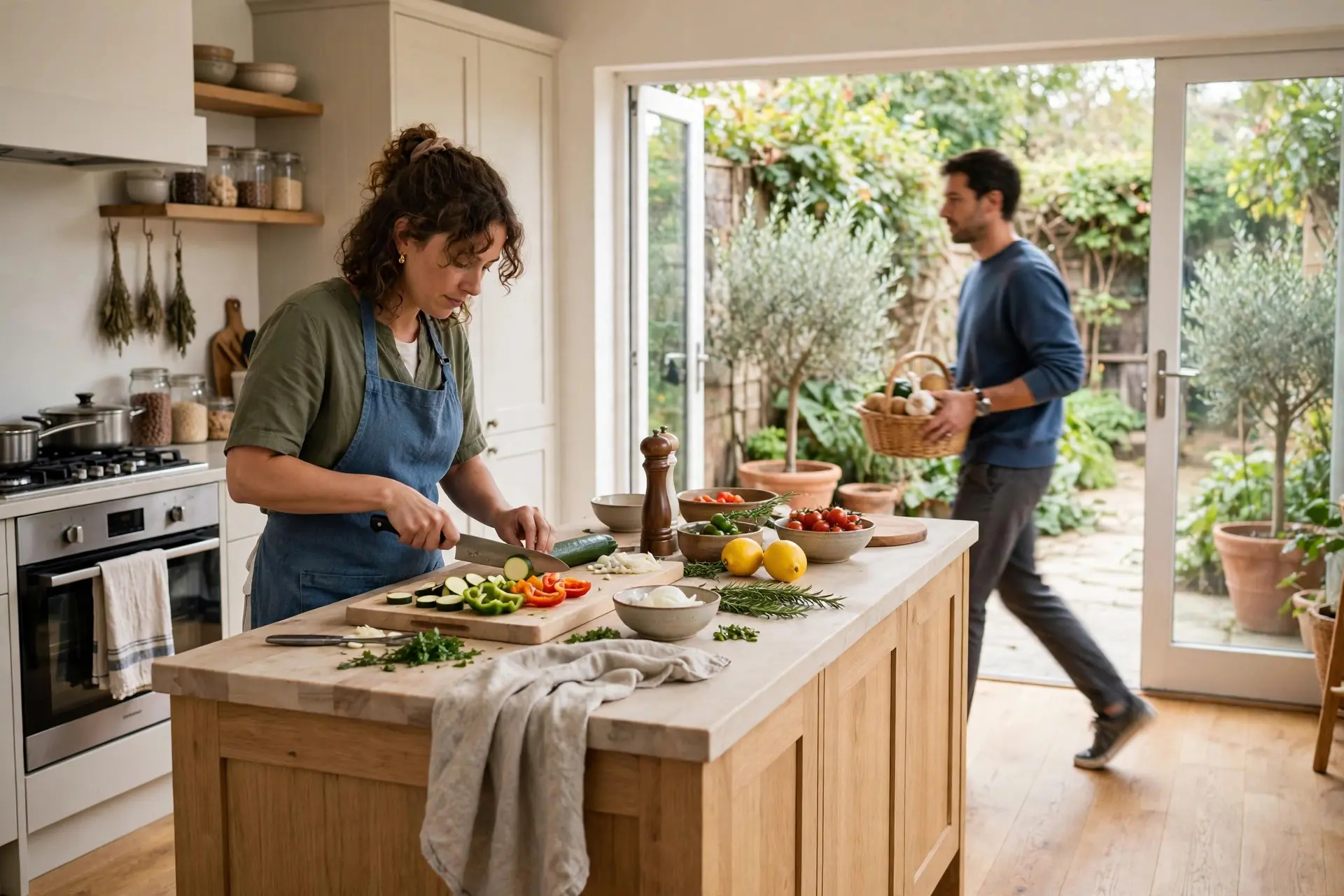 Cooking at a kitchen island while someone walks the work aisle, showing real kitchen island clearance in use