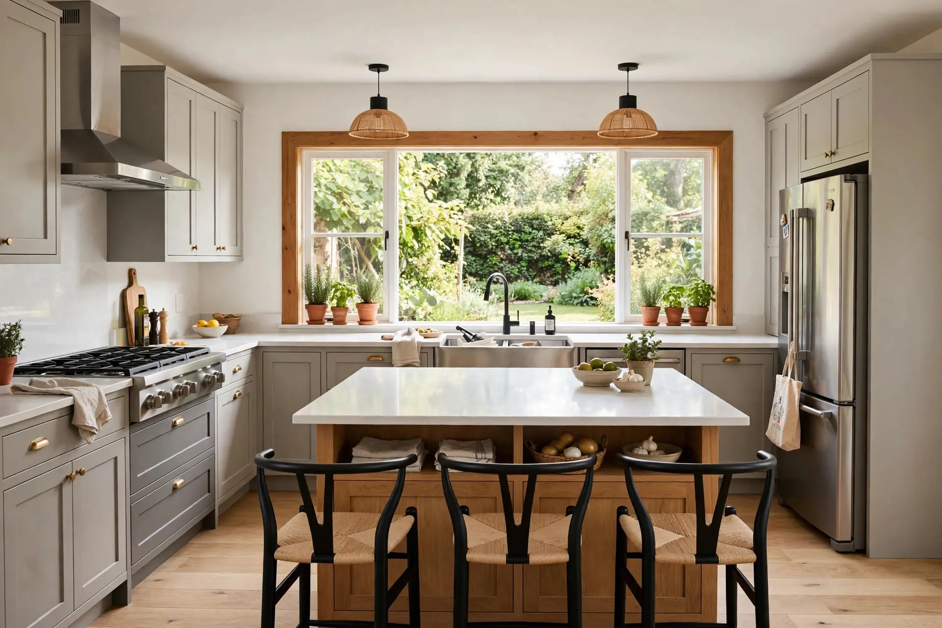 Kitchen work triangle of sink, cooktop and fridge clear of the island, protecting kitchen island clearance