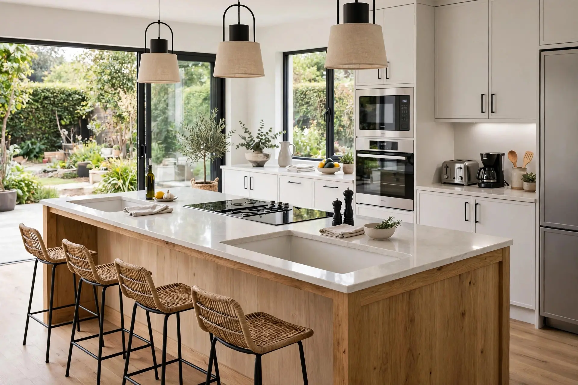 Cooktop on a kitchen island with generous landing space beside it, part of kitchen island clearance planning