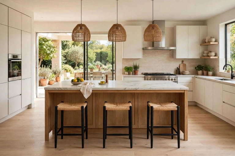 Modern kitchen with island and generous clear walkways showing ideal kitchen island clearance