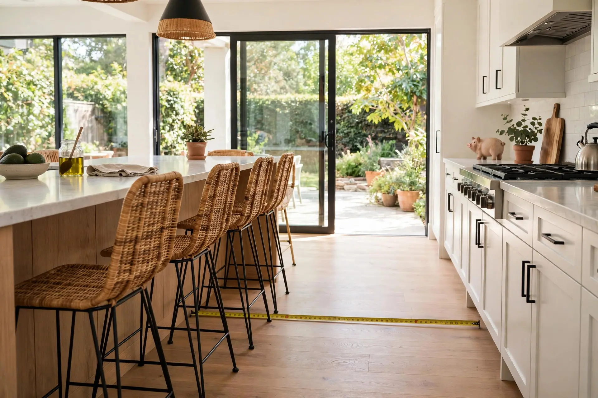 Kitchen Island Seating Ideas: The Measurements That Make It Comfortable 2 Measuring tape on the floor showing walkway clearance behind kitchen island seating