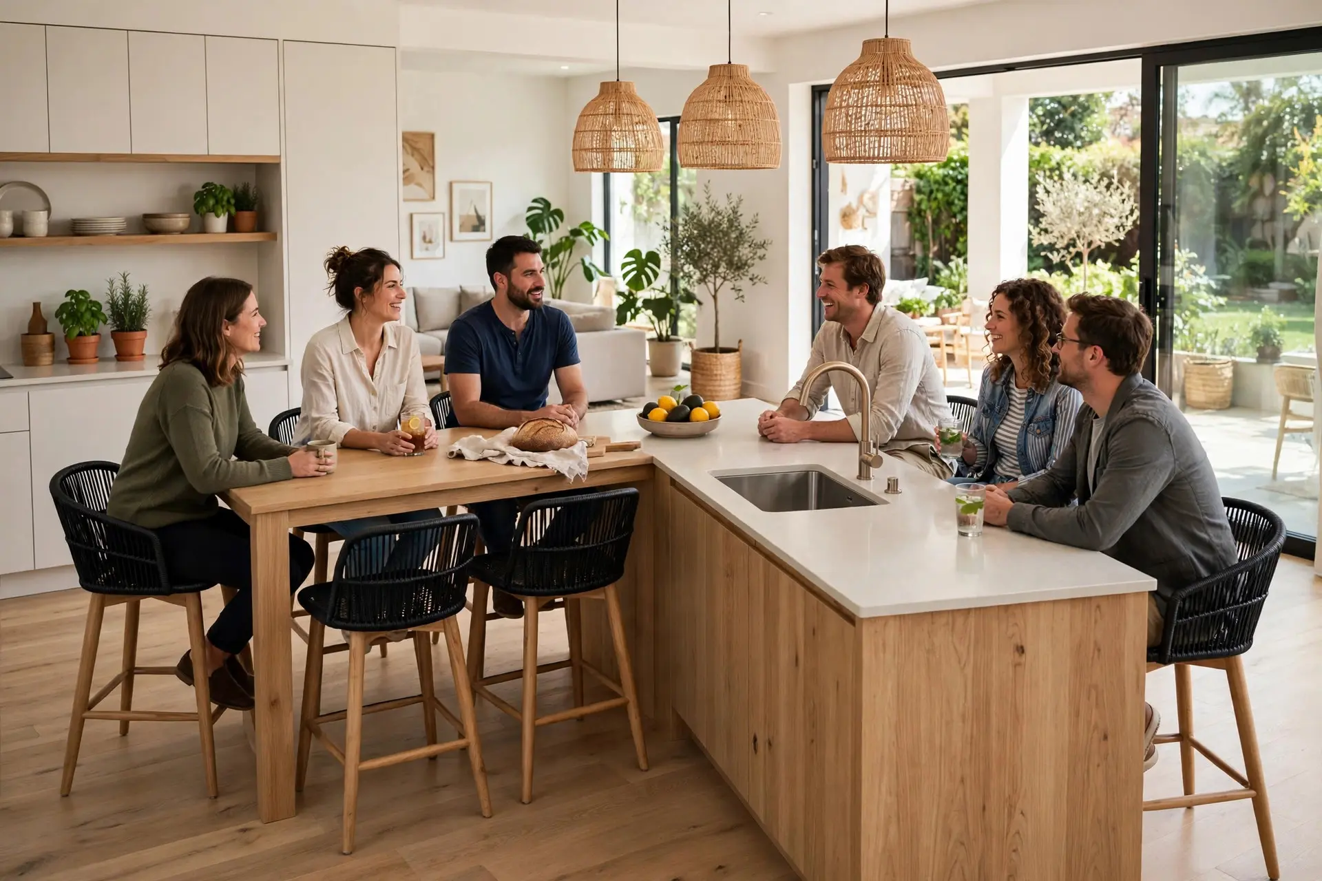 Kitchen Island Seating Ideas: The Measurements That Make It Comfortable 3 L-shaped kitchen island with seating wrapped around two sides so people can face each other