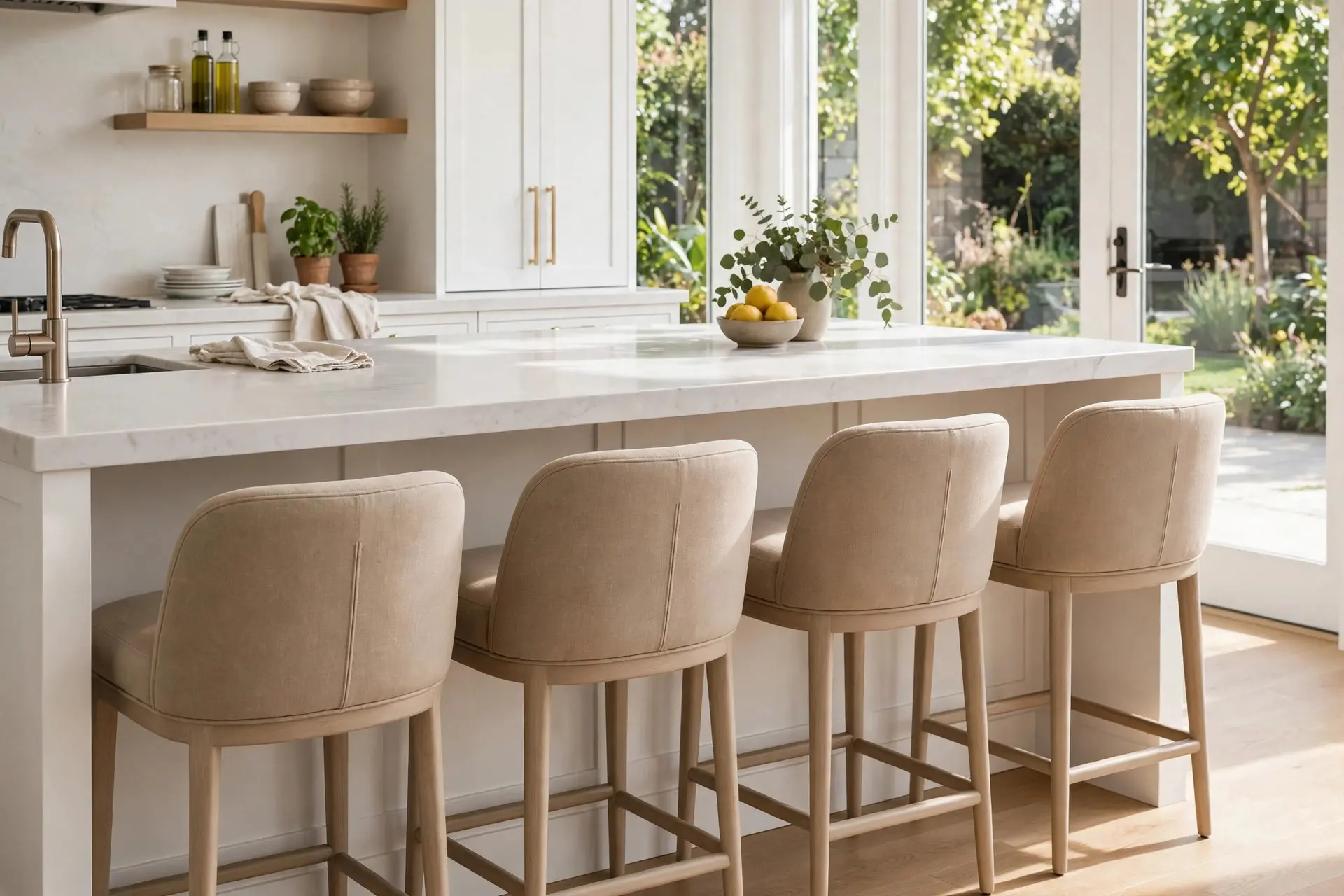 Kitchen Island Seating Ideas: The Measurements That Make It Comfortable 5 Row of low-back upholstered stools at a kitchen island, a comfortable kitchen island seating choice