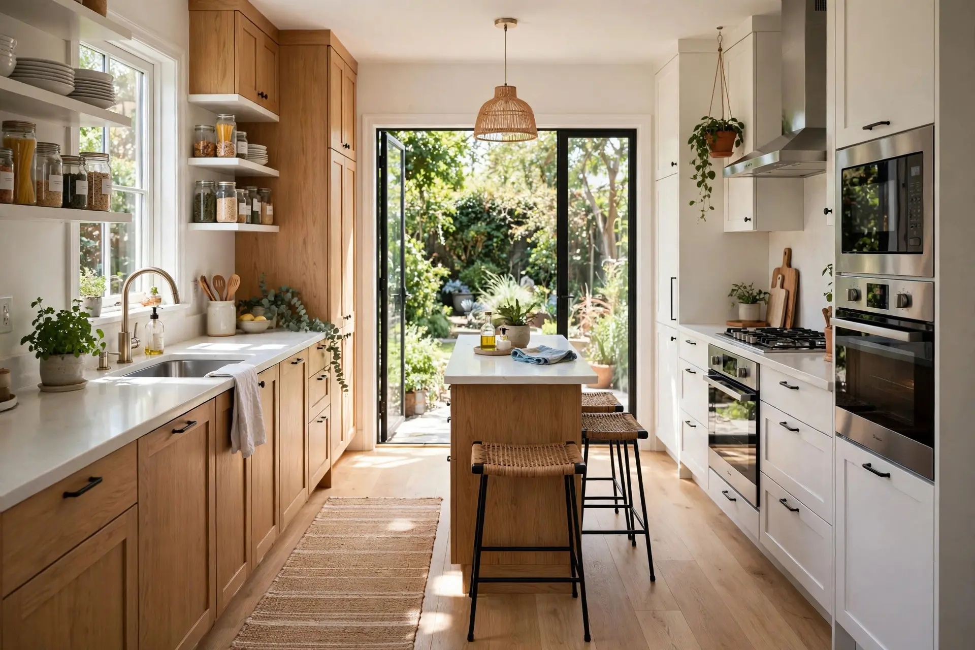 Kitchen Island Seating Ideas: The Measurements That Make It Comfortable 7 Two stools at the short end of a small kitchen island, a clever kitchen island seating idea for a narrow kitchen