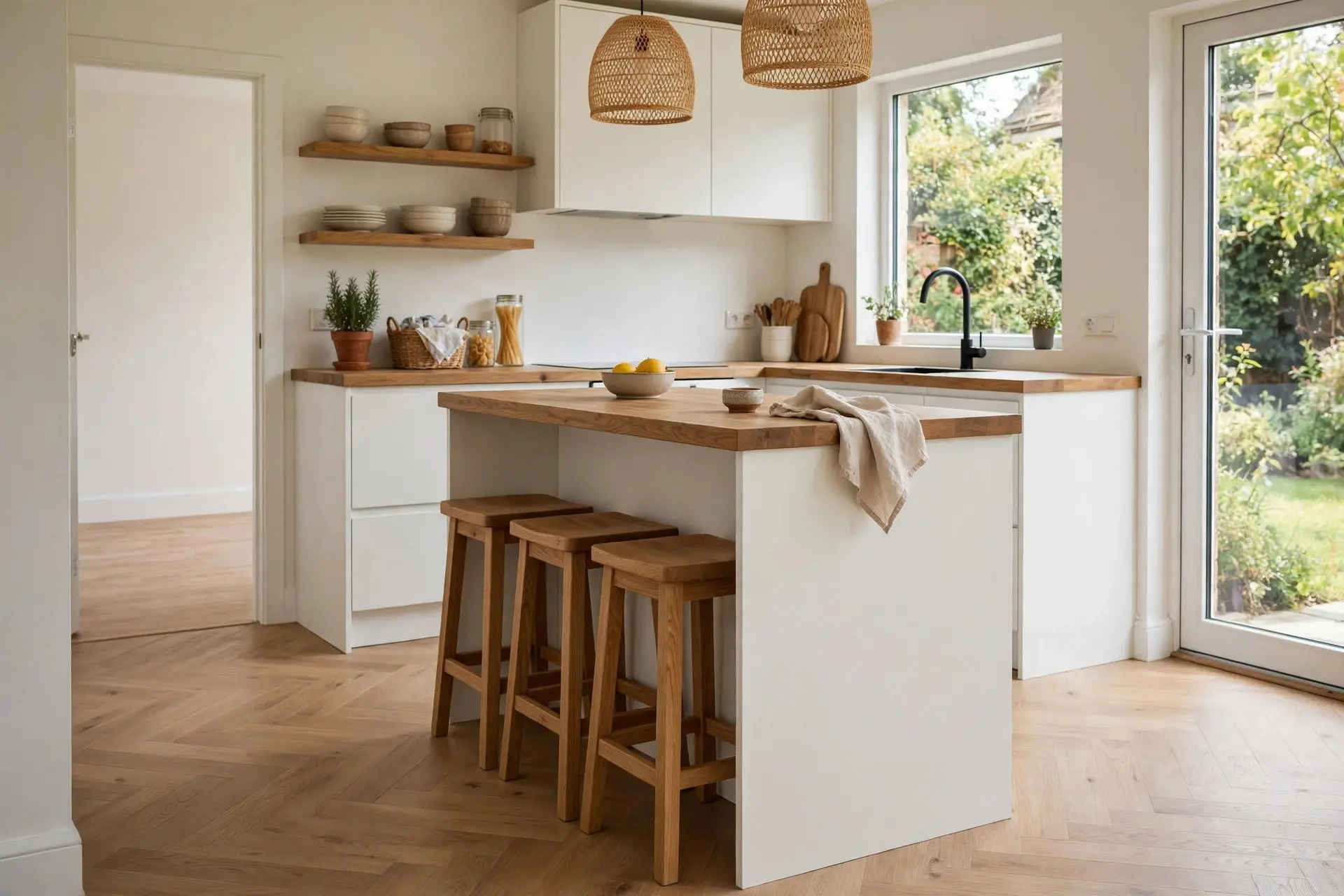 Kitchen Island Seating Ideas: The Measurements That Make It Comfortable 6 Backless stools tucked fully under the counter to keep the walkway clear in a small kitchen island seating setup