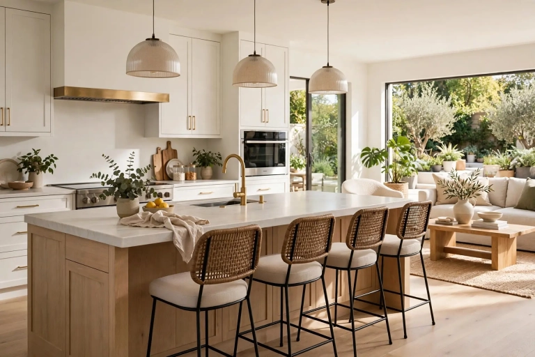 Bright modern kitchen with bar stools at a large island, showing comfortable kitchen island seating