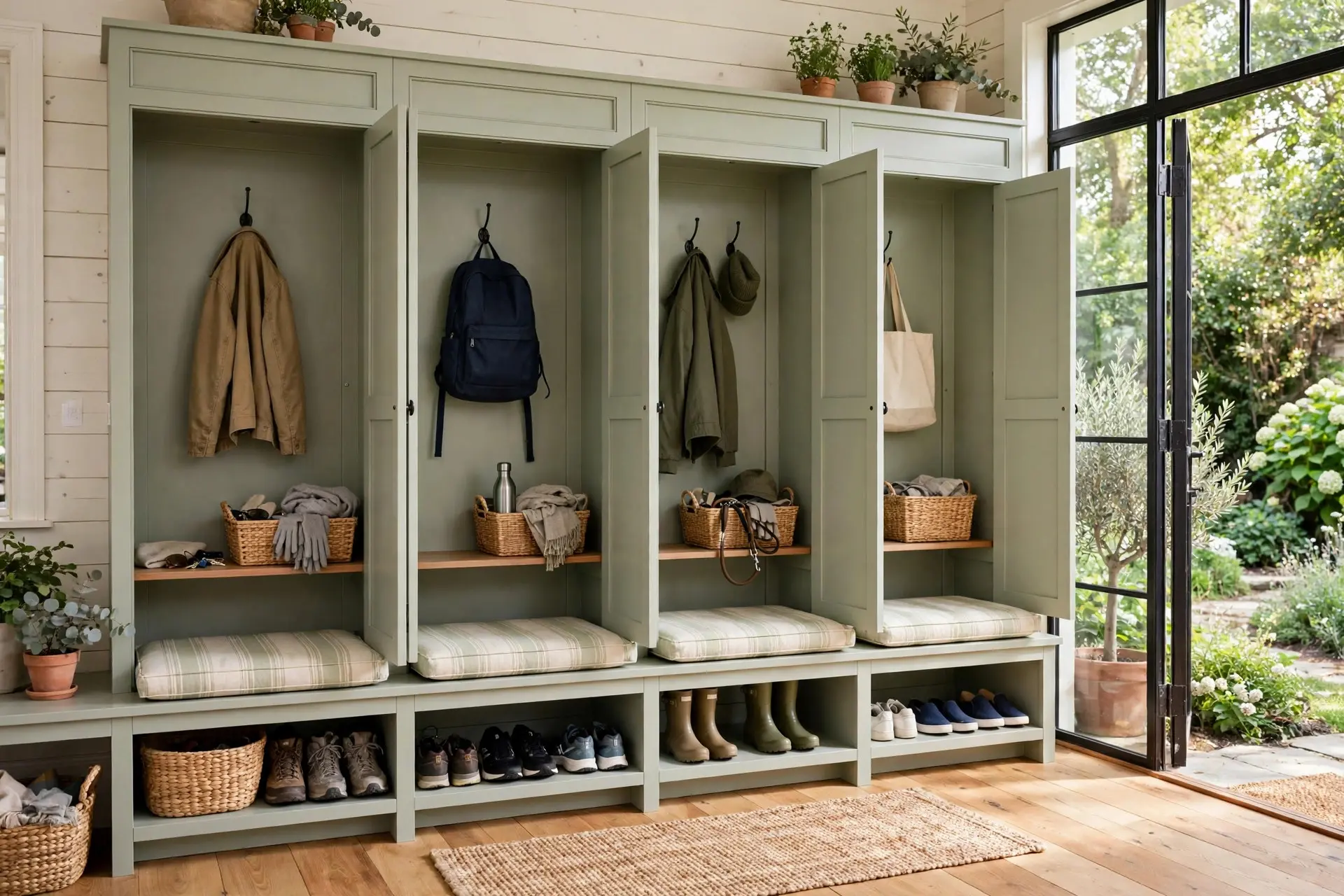 Mudroom Ideas That Stop the Pile by the Front Door 5 Dedicated mudroom with locker-style cubbies, one wide bay per person