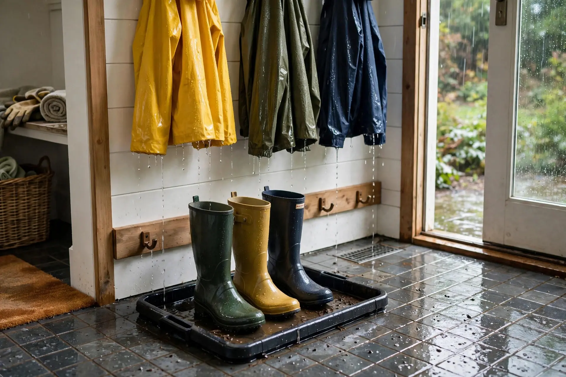 Mudroom Ideas That Stop the Pile by the Front Door 6 Mudroom wet zone with boot tray, wet boots, and tiled floor for rainy days