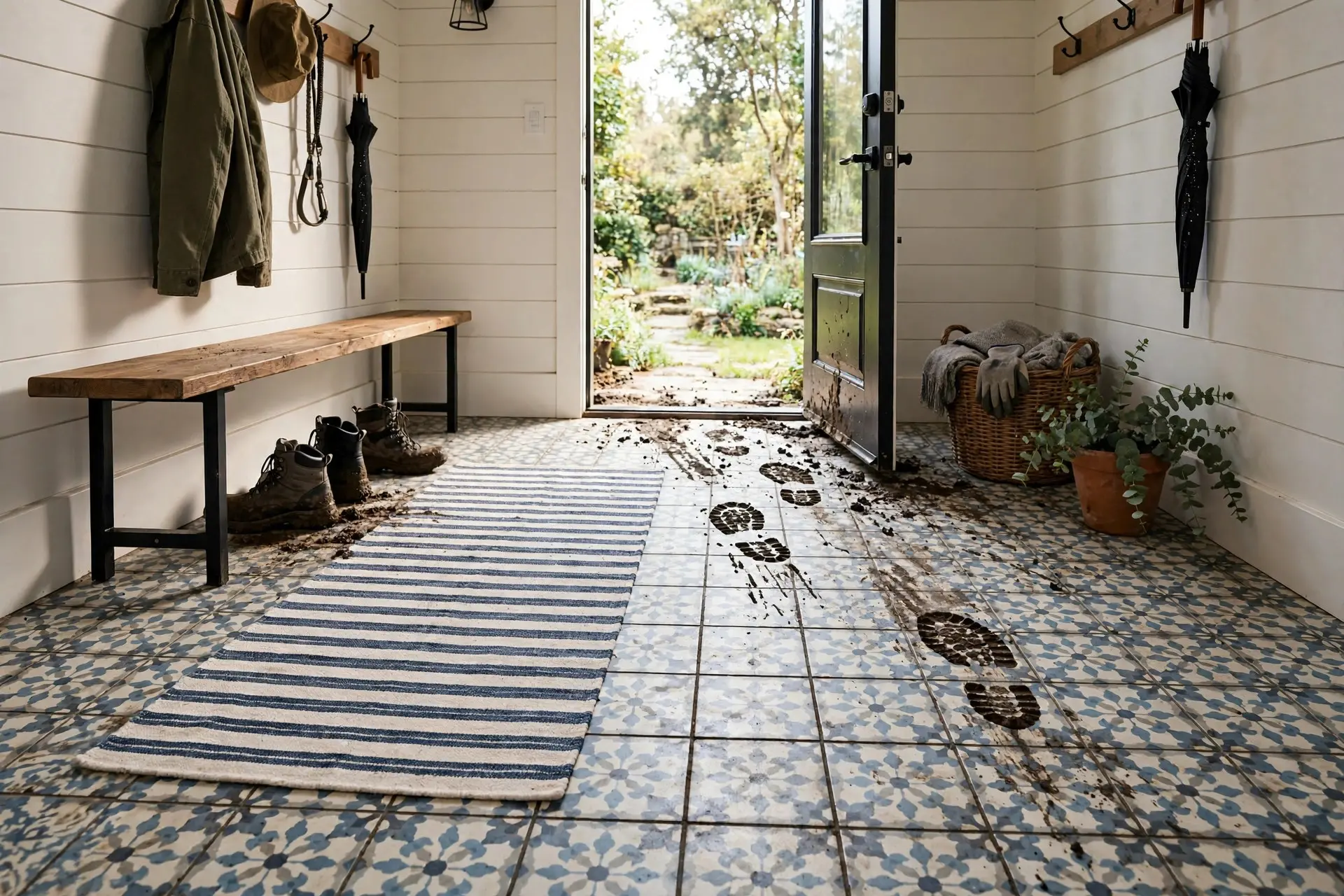 Mudroom Ideas That Stop the Pile by the Front Door 7 Durable mudroom flooring in porcelain tile with dark grout and a washable runner