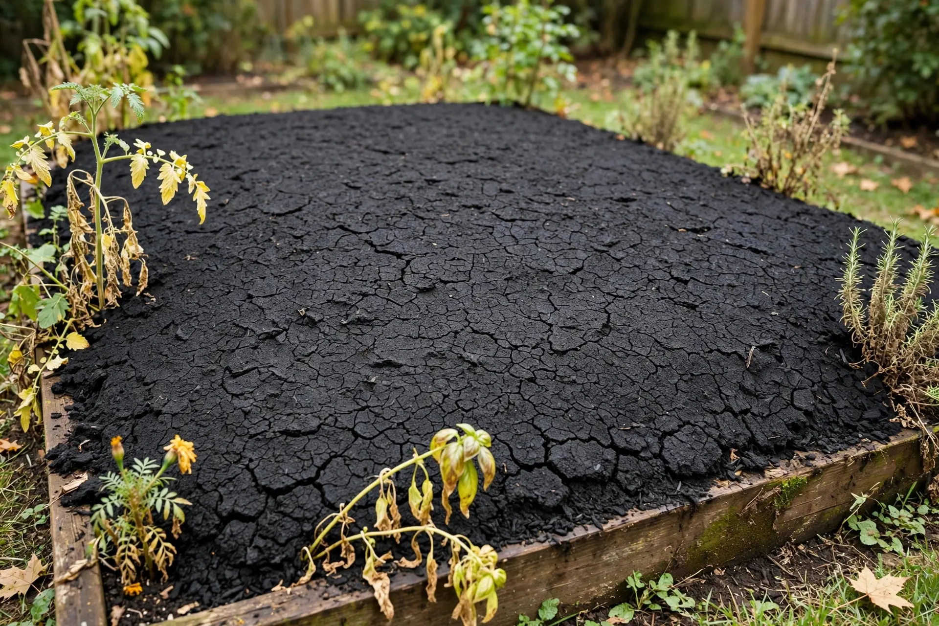 Mulch Depth: How Much to Use and When to Put It Down 2 Garden bed smothered under an overly thick compacted layer of mulch, why deeper mulch is not better