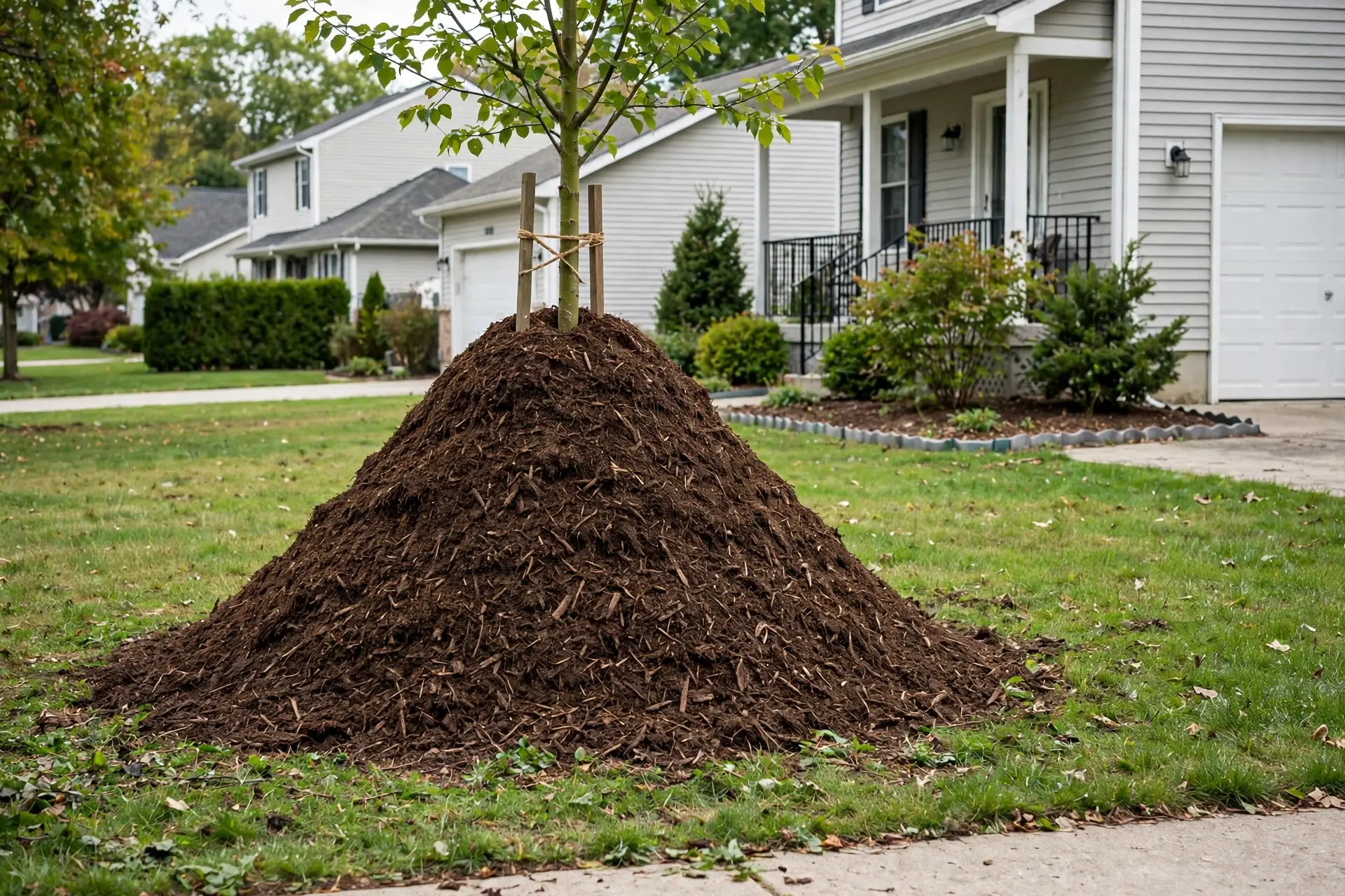 Mulch Depth: How Much to Use and When to Put It Down 3 Young tree with mulch piled into a volcano cone against its trunk, volcano mulching damage