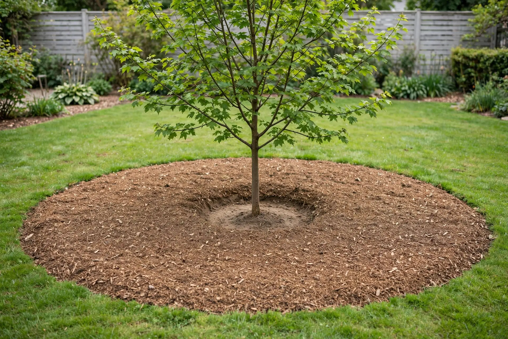 Mulch Depth: How Much to Use and When to Put It Down 4 Wide flat donut mulch ring around a young tree extending to the drip line, mulch ring width