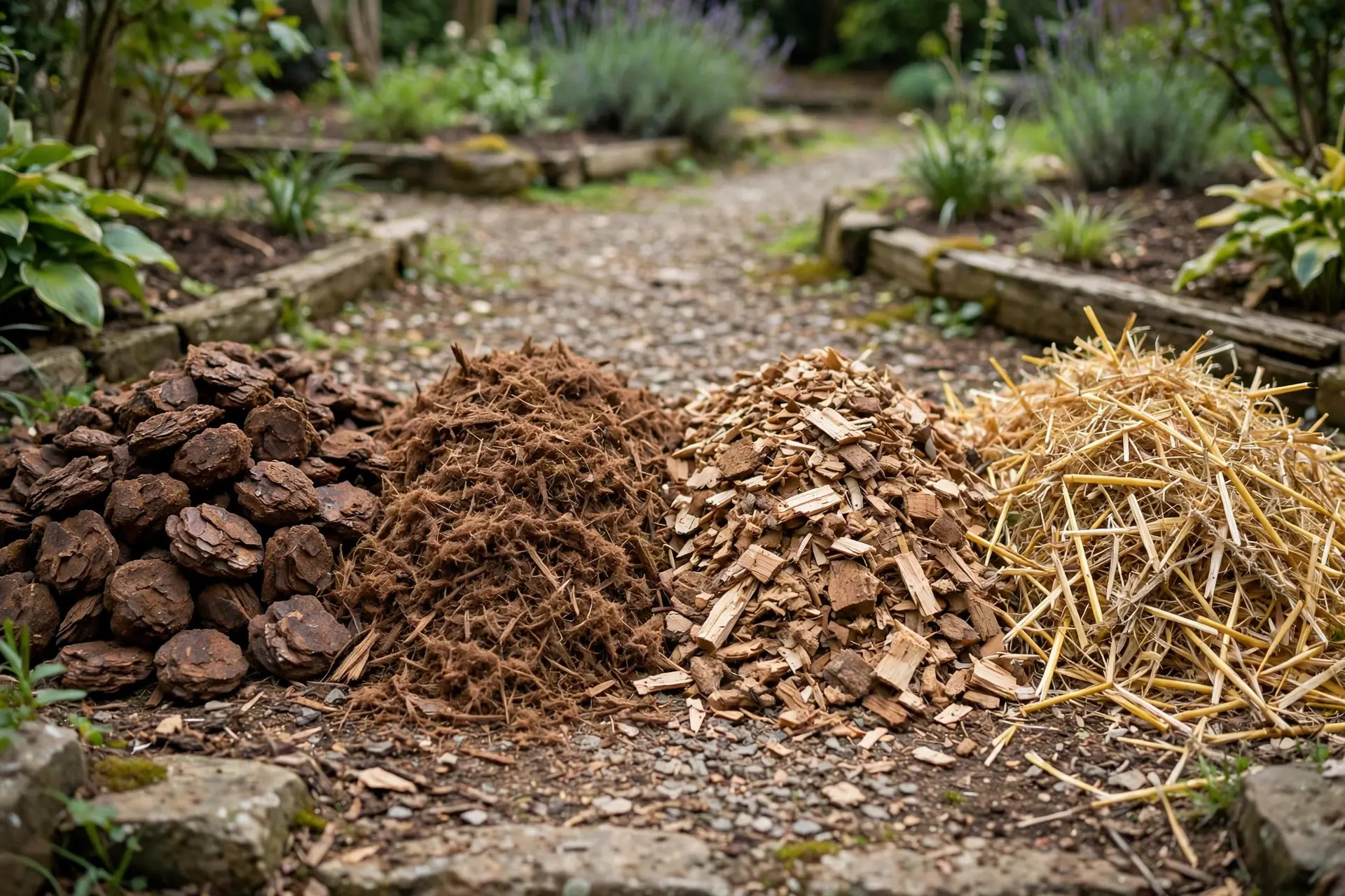Mulch Depth: How Much to Use and When to Put It Down 5 Piles of different mulch textures: bark nuggets, shredded hardwood, wood chips and straw, mulch texture and depth