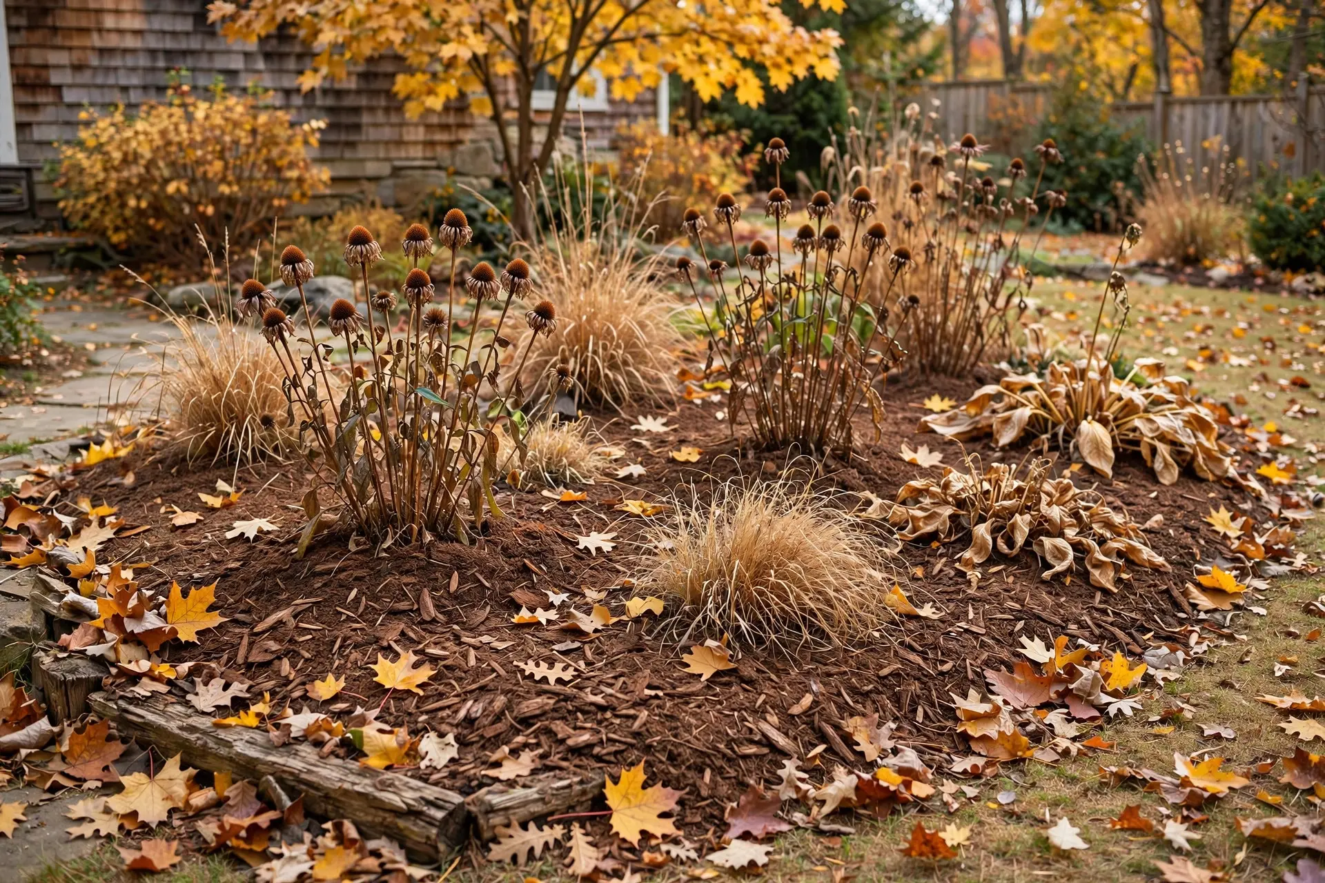 Mulch Depth: How Much to Use and When to Put It Down 6 Autumn garden bed with fresh fall mulch around dormant perennials, when to mulch in fall