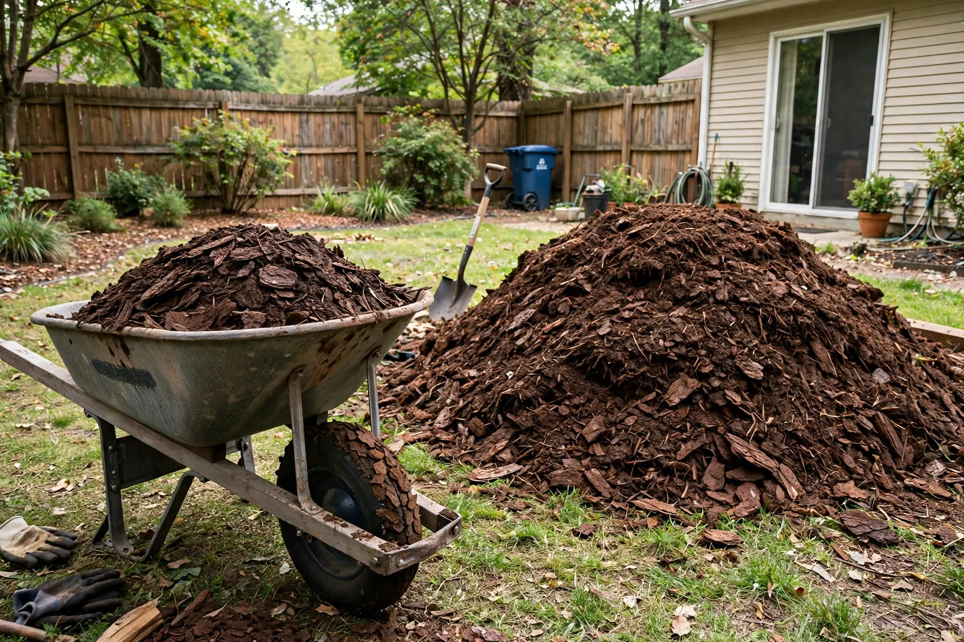 Mulch Depth: How Much to Use and When to Put It Down 7 Wheelbarrow of bark mulch next to a bulk delivery pile in a backyard, how much mulch to buy
