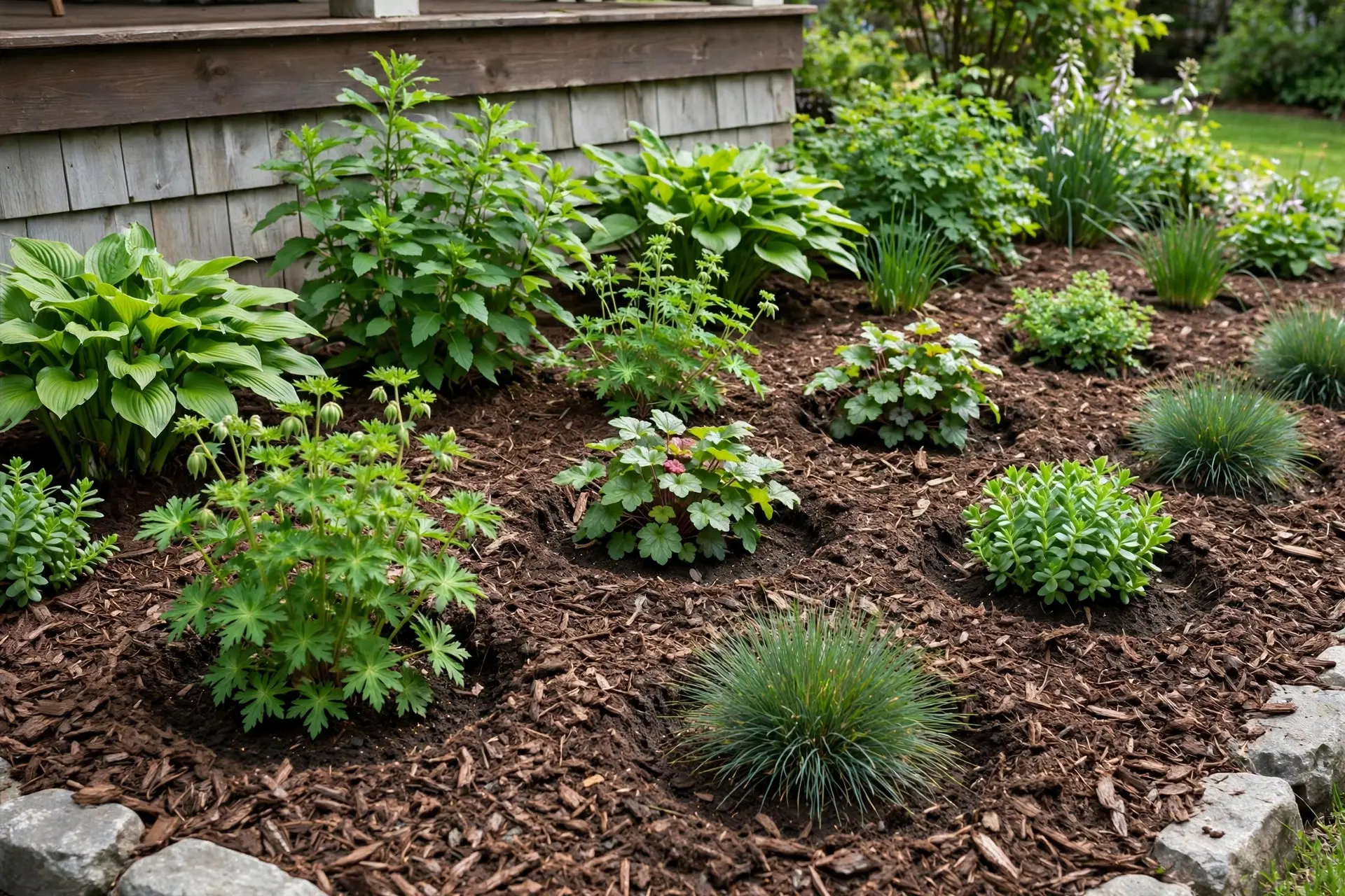 Mulch Depth: How Much to Use and When to Put It Down 8 Perennial flower bed with mulch pulled back from plant crowns, mulch depth for beds