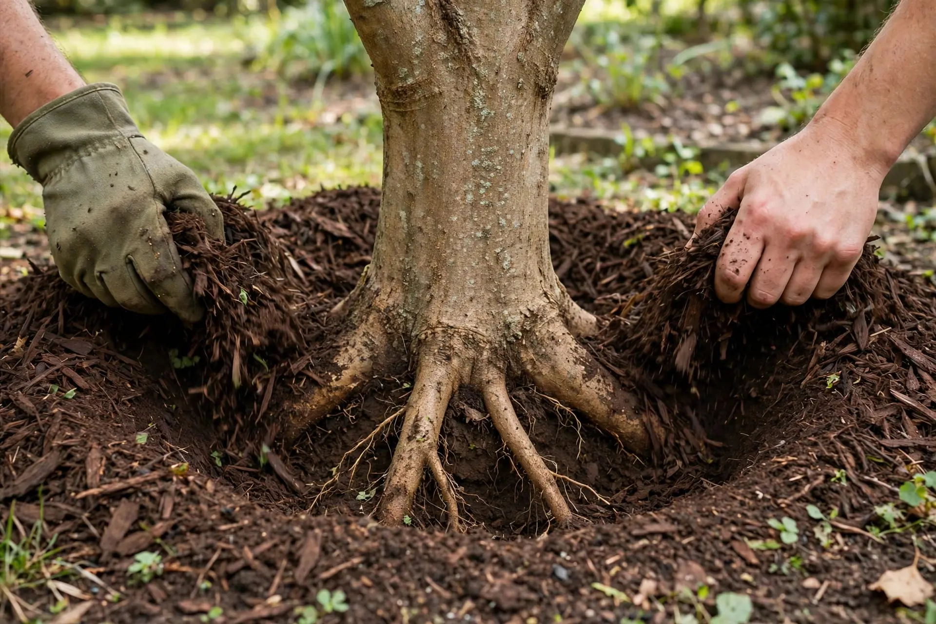 Mulch Depth: How Much to Use and When to Put It Down 9 Gardener pulling mulch back from a tree trunk to create a proper donut gap, mulch mistake to avoid