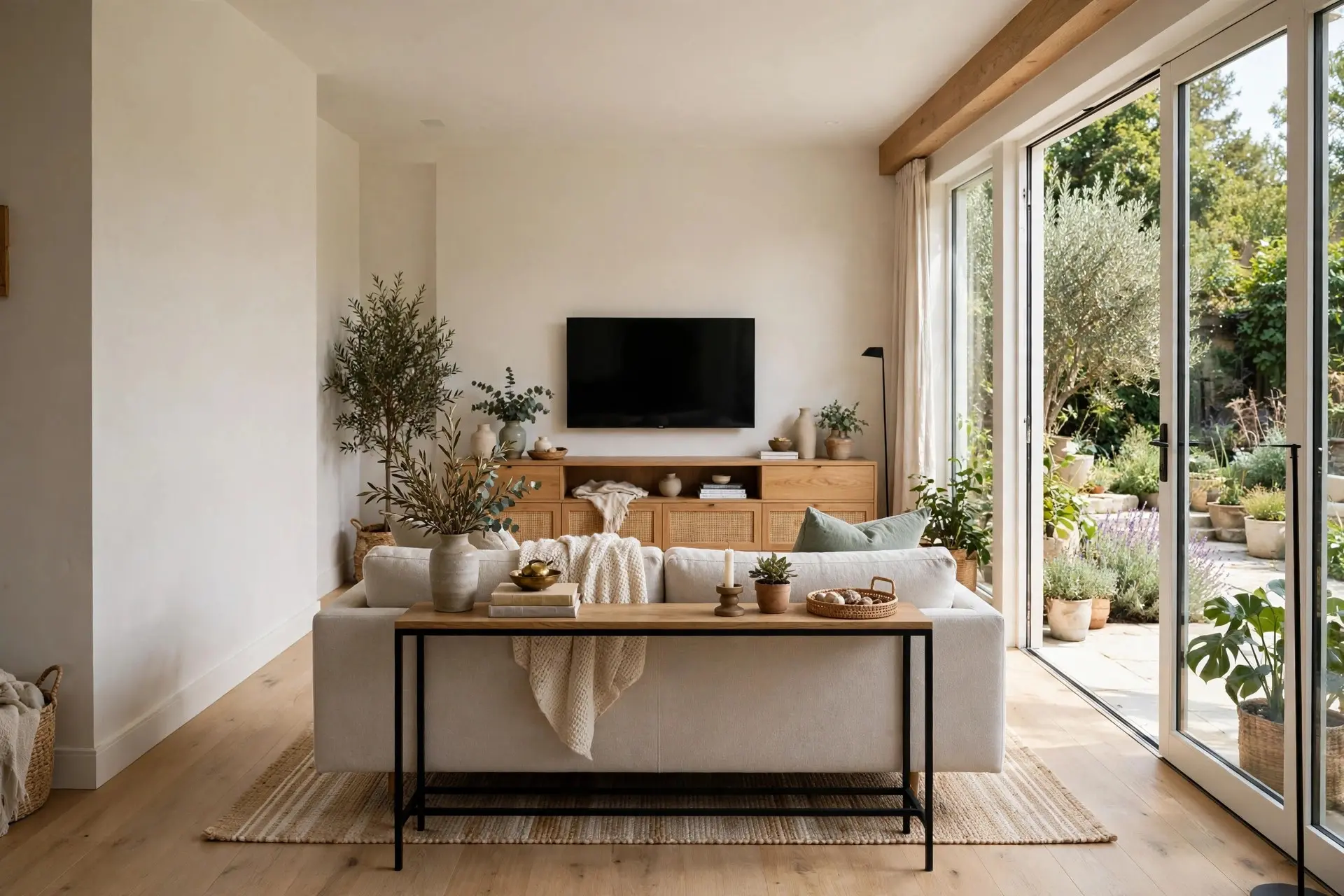 Narrow Living Room Layout Ideas That Fix the Corridor Feel 3 Narrow living room layout with sofa floated away from the wall facing the media unit on the long wall