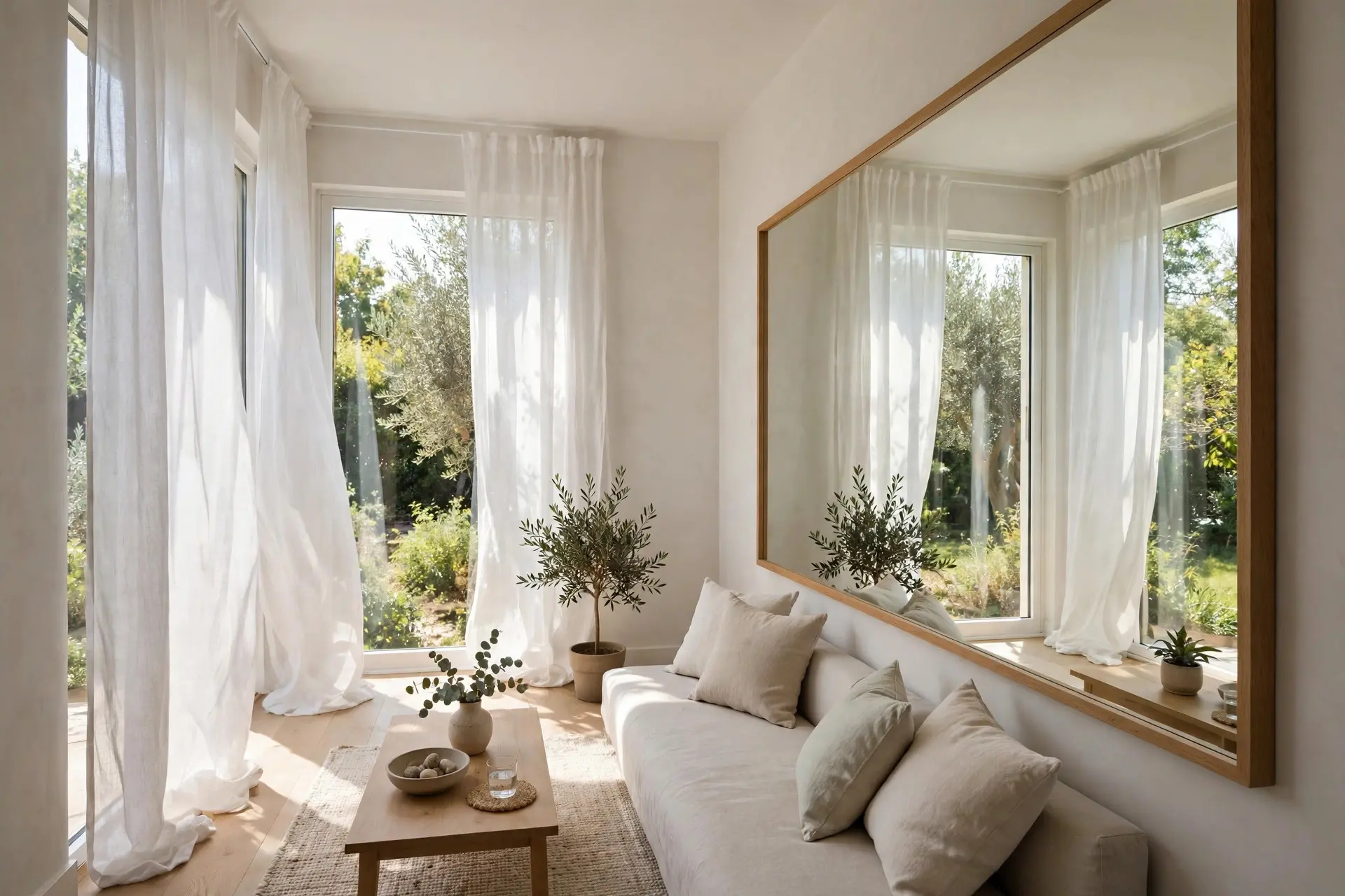Narrow Living Room Layout Ideas That Fix the Corridor Feel 8 Bright narrow living room layout that feels wider with a large mirror and light neutral walls