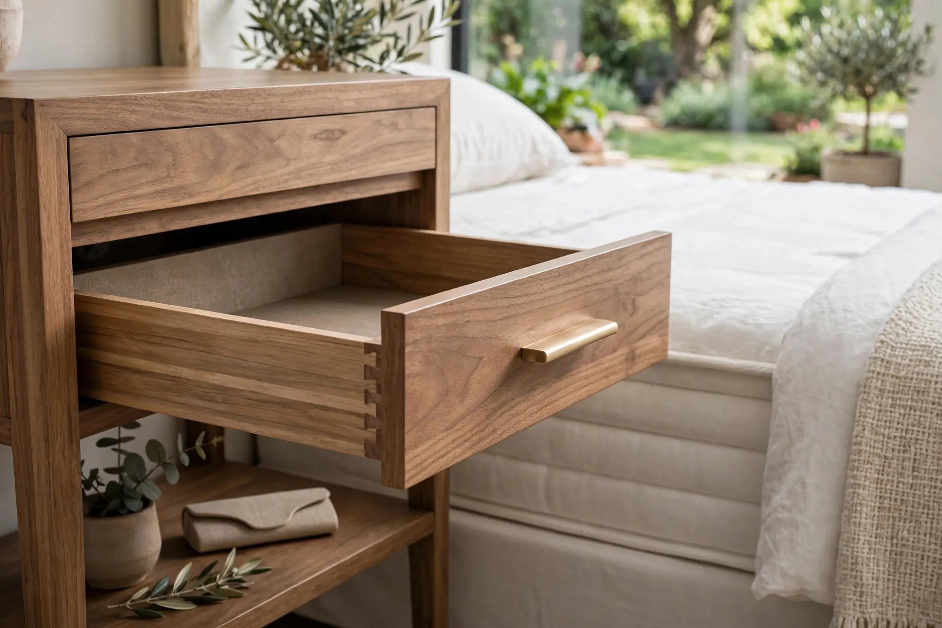 Nightstand Height: How to Match One to Your Bed 8 Close-up of a wooden nightstand with an open drawer beside the bed, showing nightstand height proportions