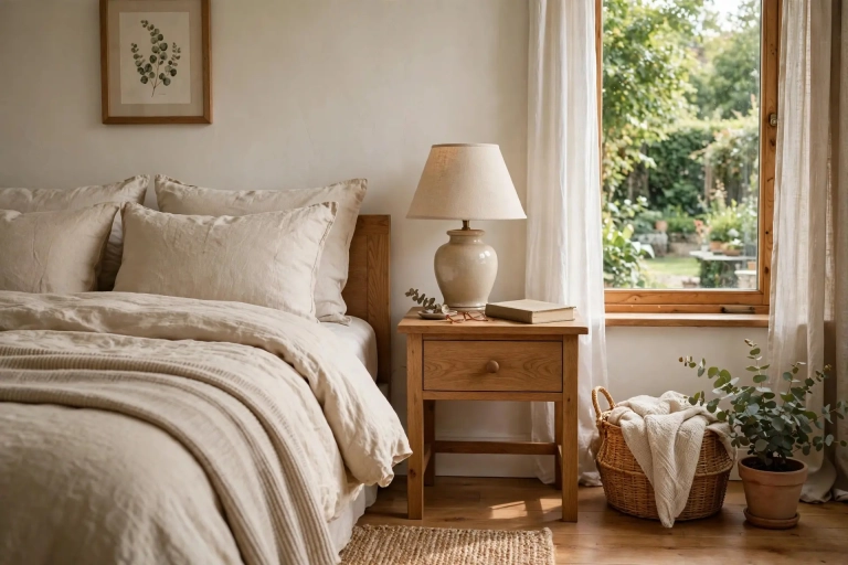 Cozy bedroom with a nightstand level with the mattress top, lamp and book on it, showing ideal nightstand height