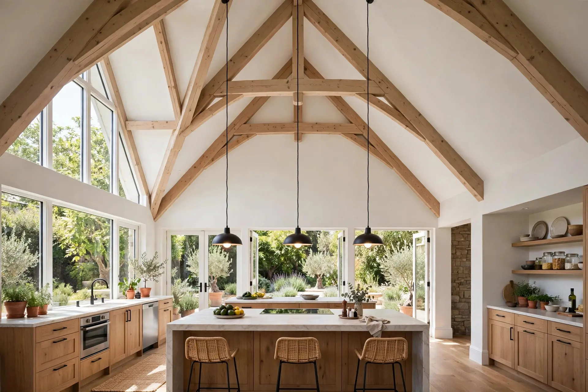 Kitchen with a high vaulted ceiling where pendant lights hang on long cords down to the right pendant light height over island