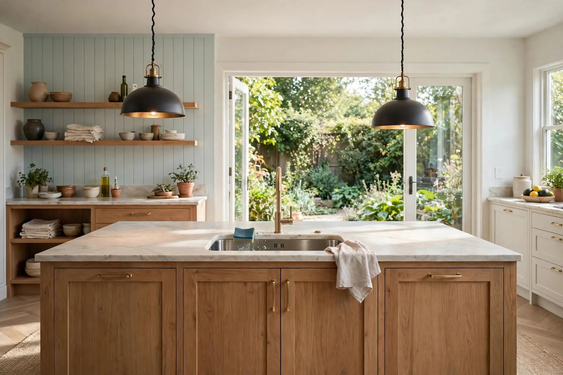 Kitchen island with a sink where pendant lights are offset to the sides, solving pendant light height over island placement around a sink