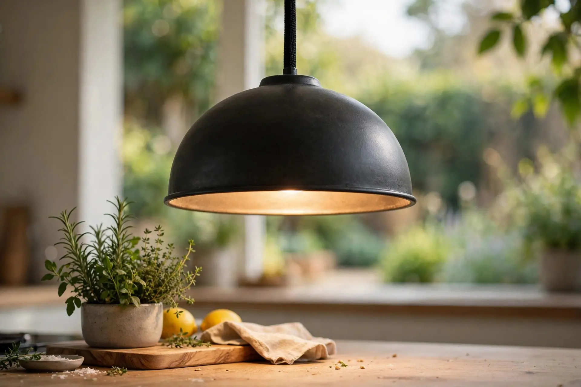 Close-up of a pendant light with an opaque metal shade directing warm light down, reducing glare at the right pendant light height over island
