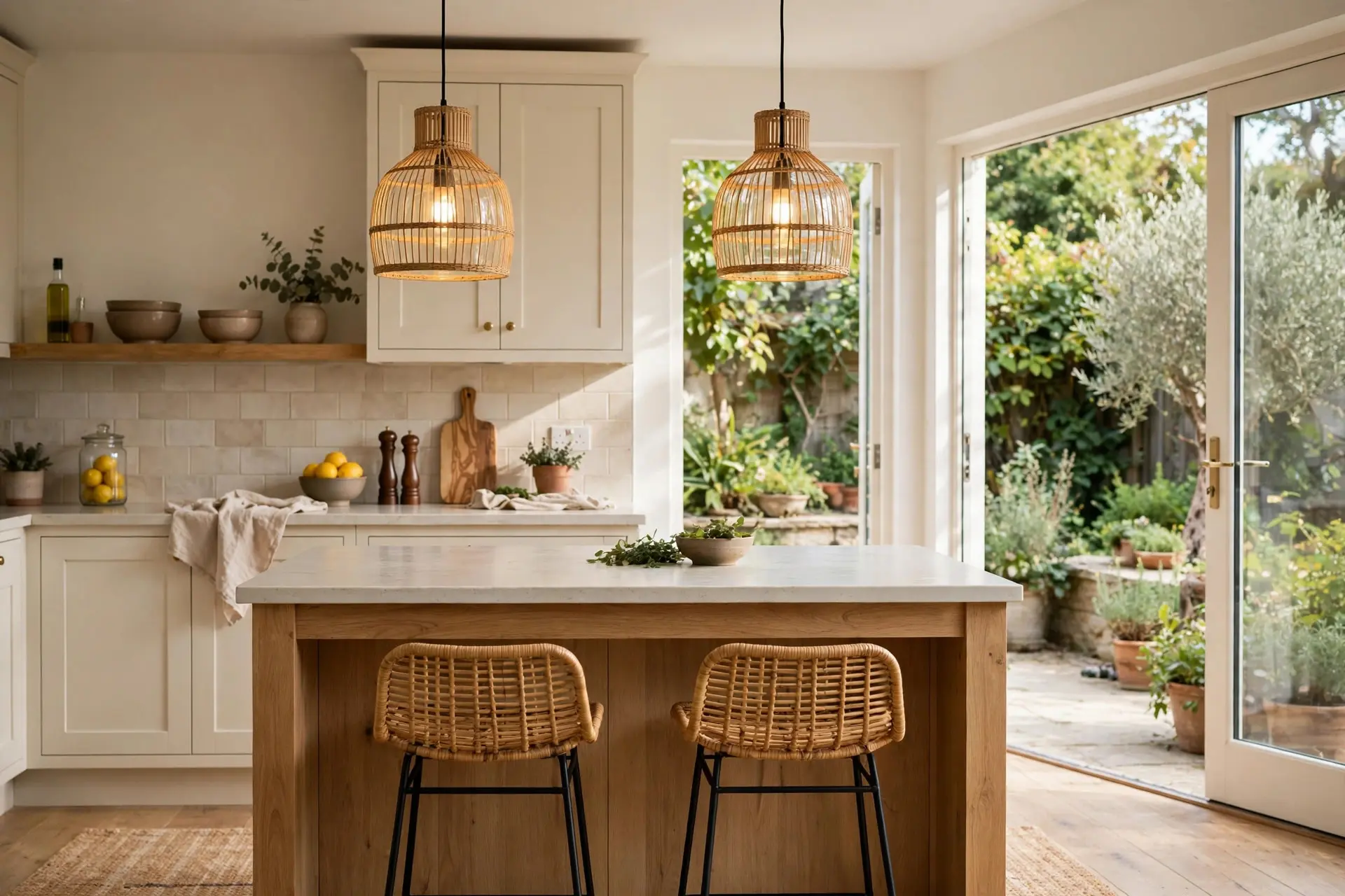 Cozy kitchen island with two pendant lights and tucked bar stools showing pendant light height over island in a lived-in kitchen