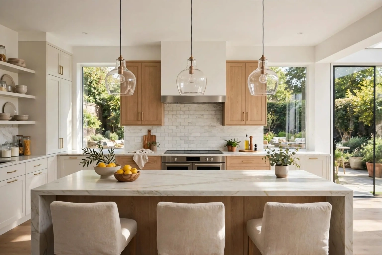 Modern kitchen with three glass pendant lights hanging above the island at the correct pendant light height over island