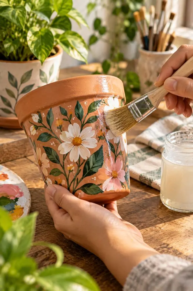Plant Pot Painting Ideas That Actually Last 8 Applying clear sealant over a painted plant pot design