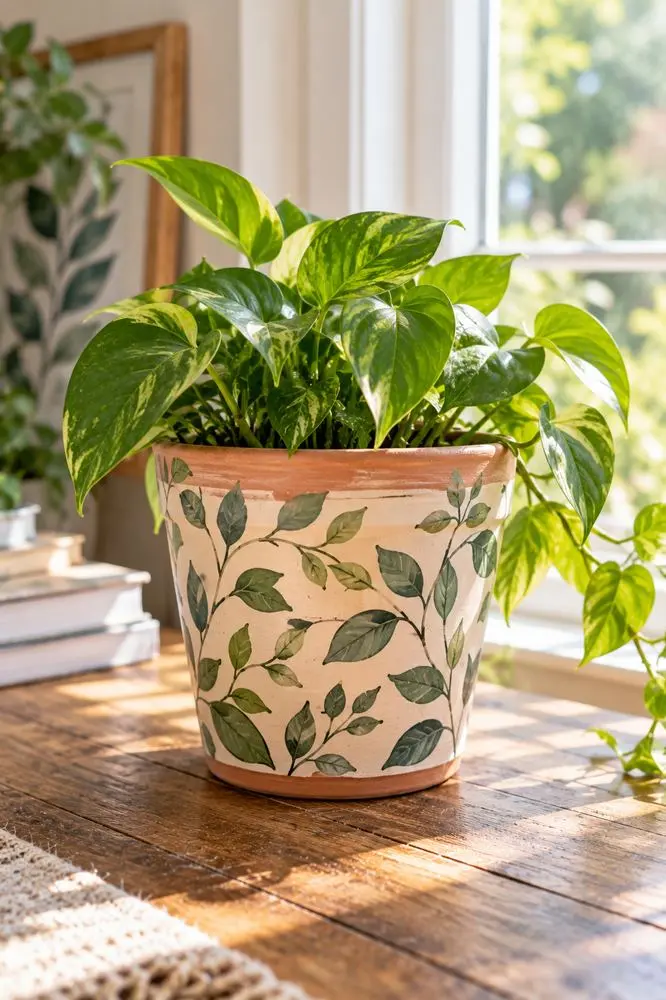 Plant Pot Painting Ideas That Actually Last 6 Terracotta pot hand painted with botanical leaf and vine design