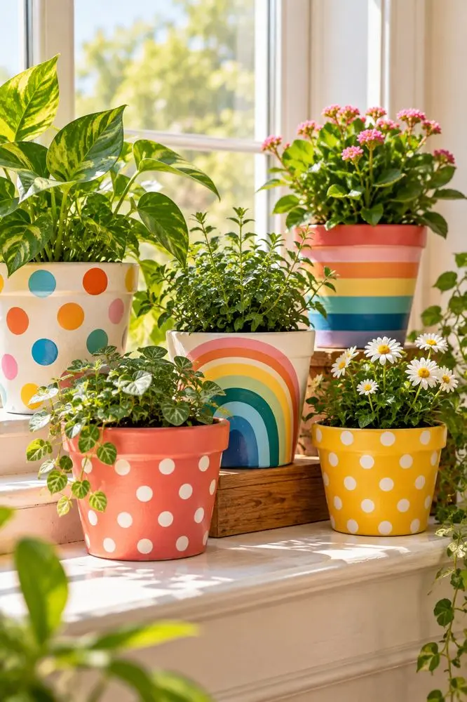 Plant Pot Painting Ideas That Actually Last 5 Bright polka dot and rainbow striped painted plant pots on a windowsill