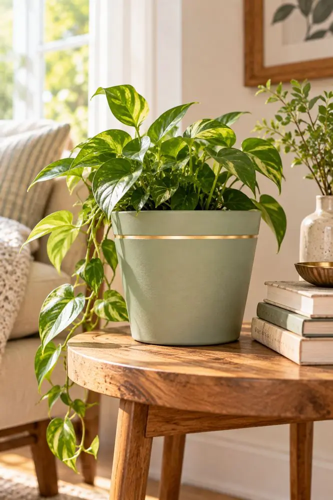 Plant Pot Painting Ideas That Actually Last 7 Elegant sage green painted plant pot with gold rim accent