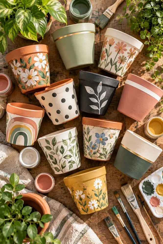 Plant Pot Painting Ideas That Actually Last 11 Flat lay of finished painted plant pots in varied styles