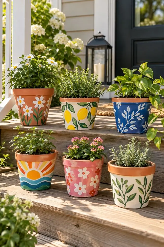 Plant Pot Painting Ideas That Actually Last 1 Collection of painted terracotta plant pots on a sunny porch